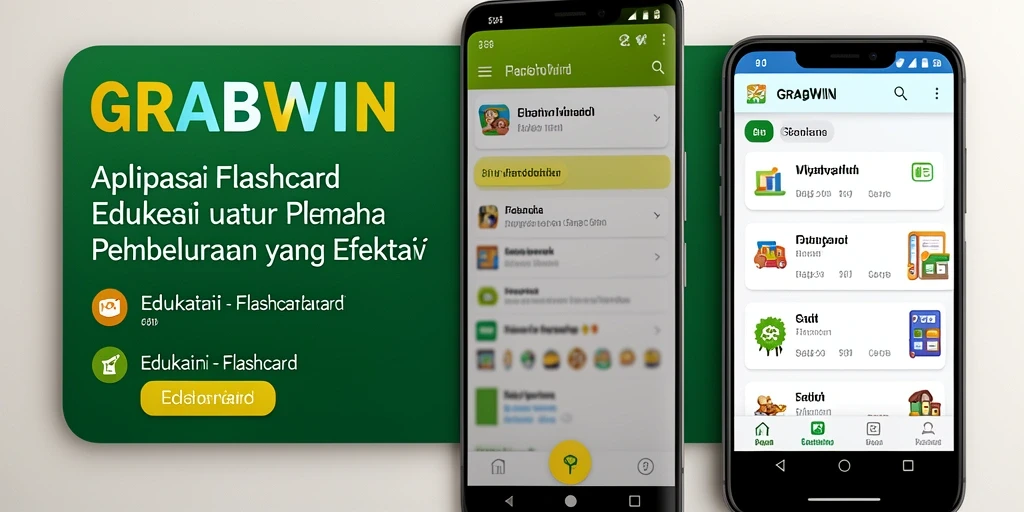Screenshot antarmuka GRABWIN menampilkan desain flashcard yang menarik dan fungsional.